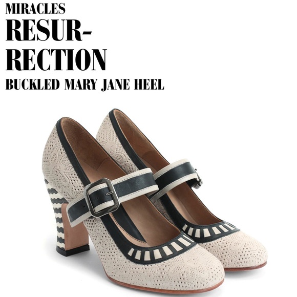 John Fluevog Mary Jane miracles resurrection buckled cream black leather heels - Picture 10 of 10